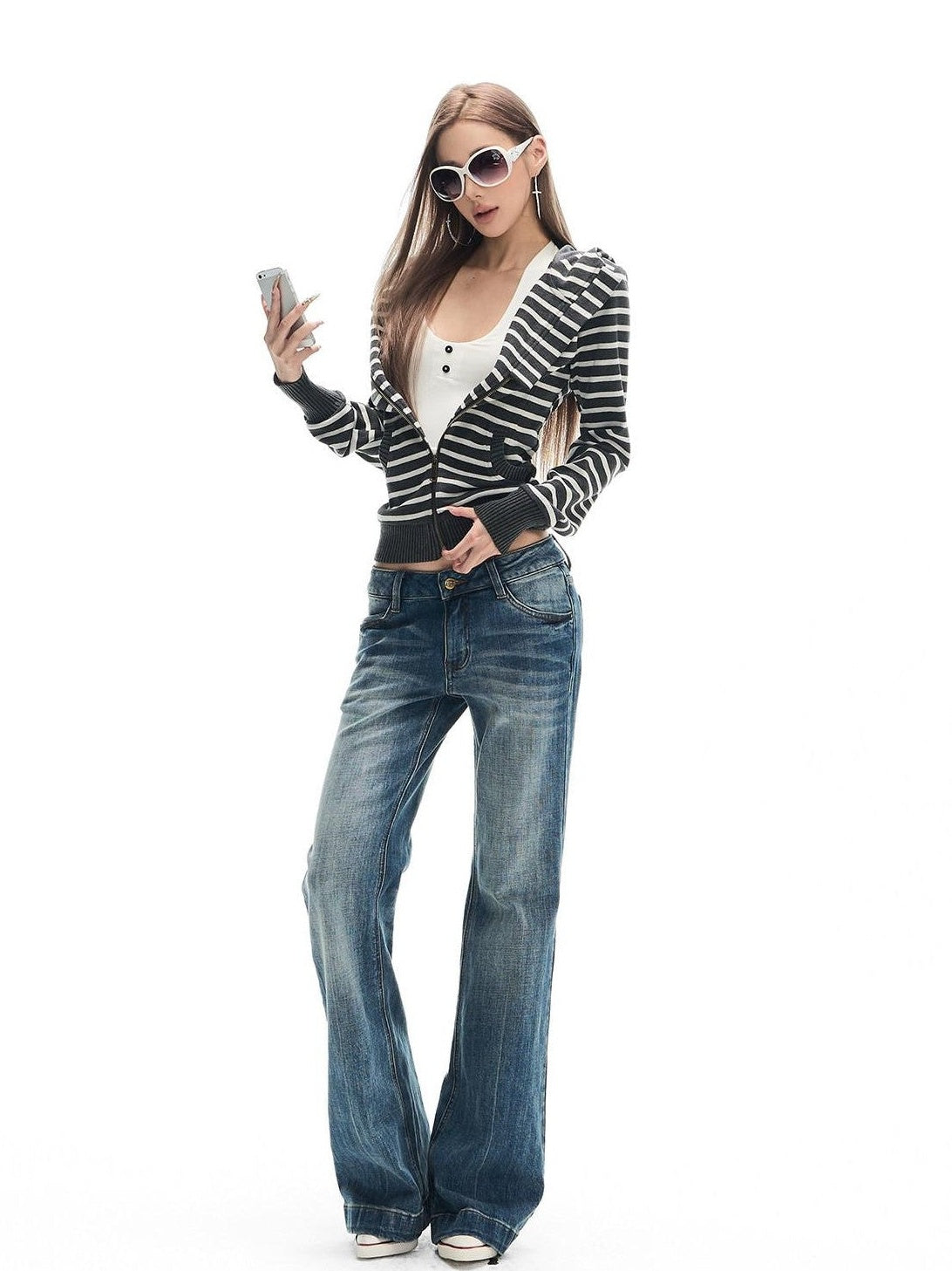 Fanptntox Light Blue Washed Whisker Slim Low Rise Women's Stretch Denim Straight-leg Jeans
