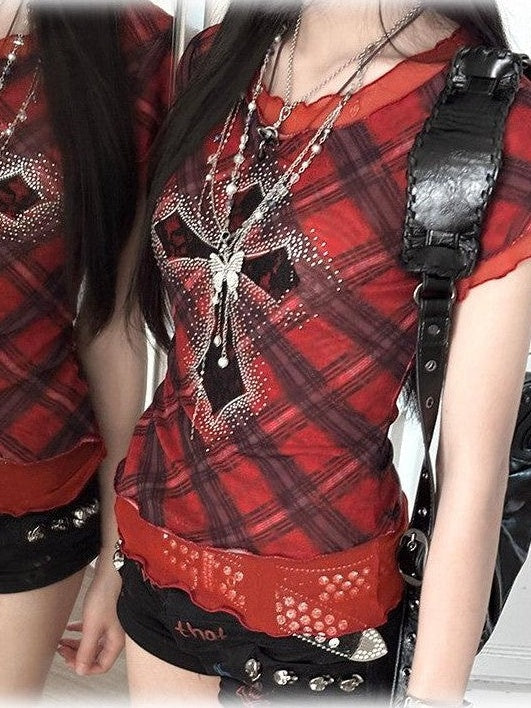 Kyouko Baby Gothic Punk Cross Rhinestone Lace Women's Mesh Short Sleeve T-shirts