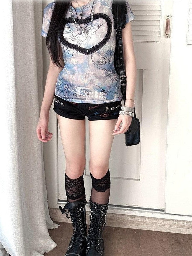 Kyouko Baby Acid Wash Blue Stretch Cross Print Women's Mesh Short Sleeve T-shirts