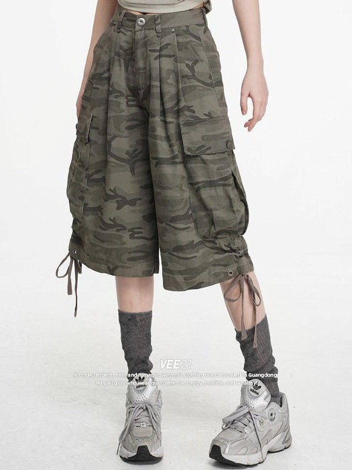 VEEMIX Cement Gray Camouflage Cargo Drawstring Pockets Women's Cropped Jeans