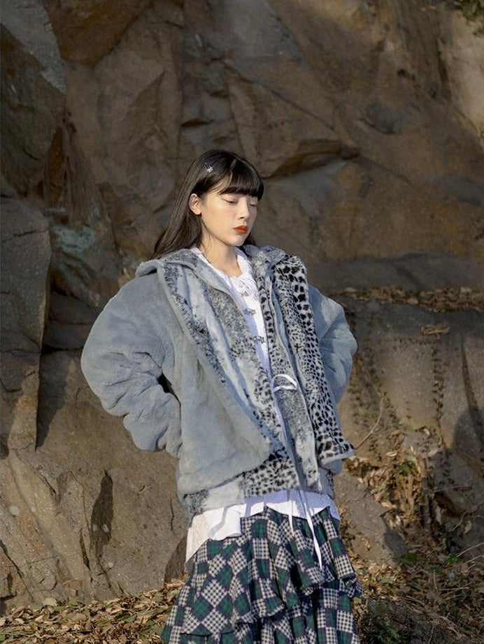 SENSELF Gray Blue Snow Leopard Print Women's Silky Plush Fleece Jackets