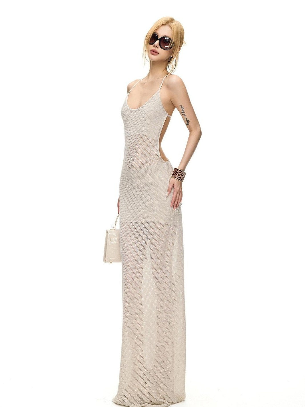 Fanptntox Beaded Hollowout Diagonal Lurex Women's Polyester Bodycon Maxi Dresses