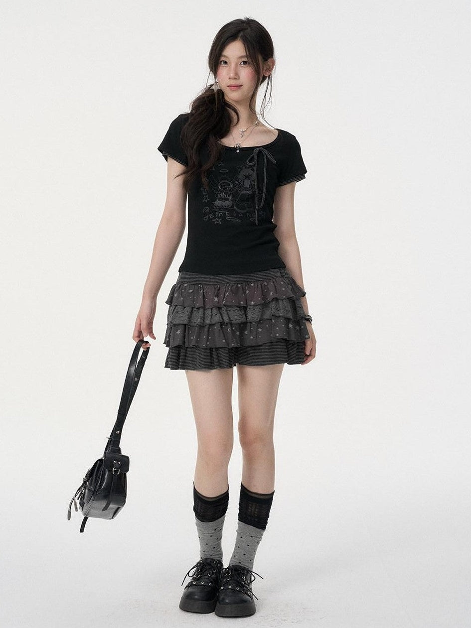 VEEMIX Black Star Print Layered Pleated Cake Women's Cotton Stretch Mini Skirts