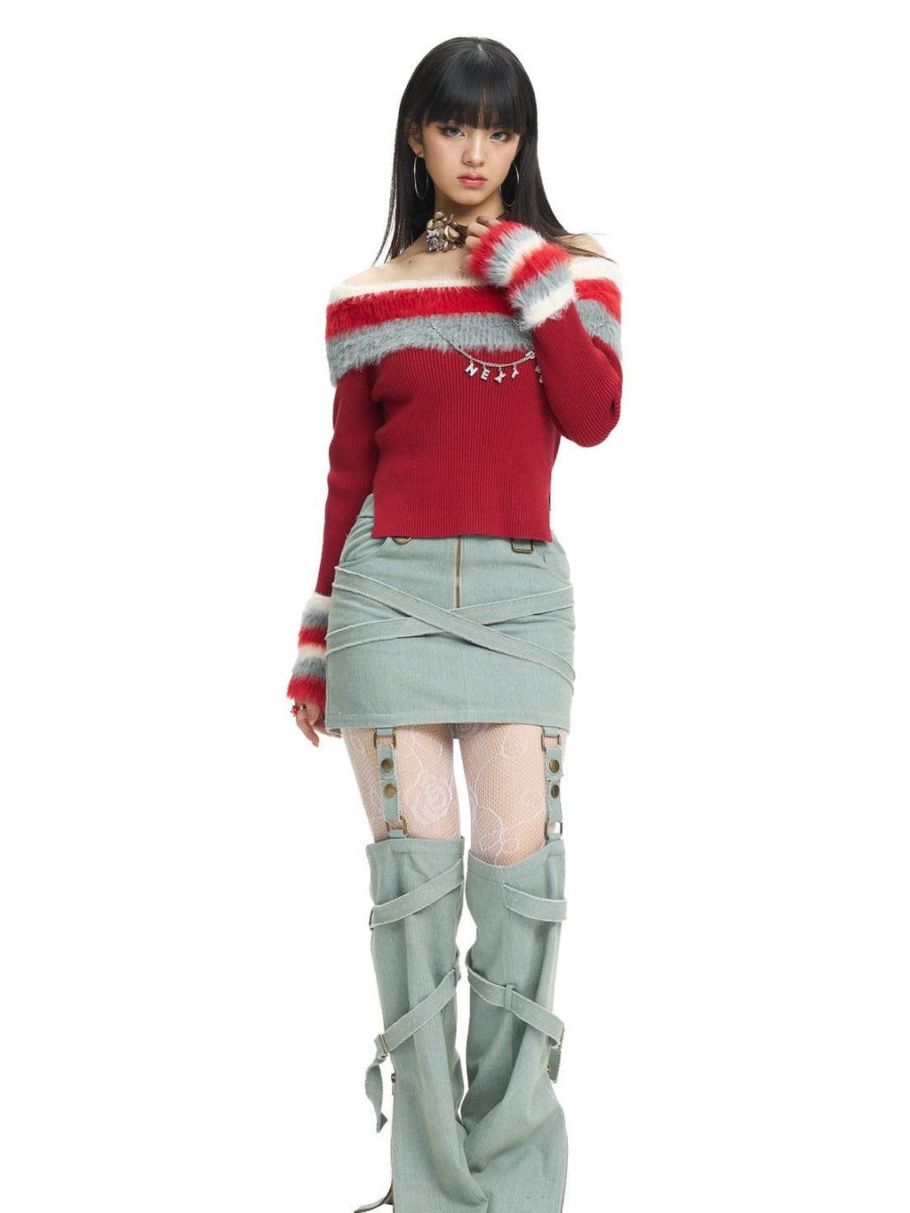 NextPassport MOF Red Convertible Fur Collar Boat Neck Women's Viscose Off-shoulder Sweaters