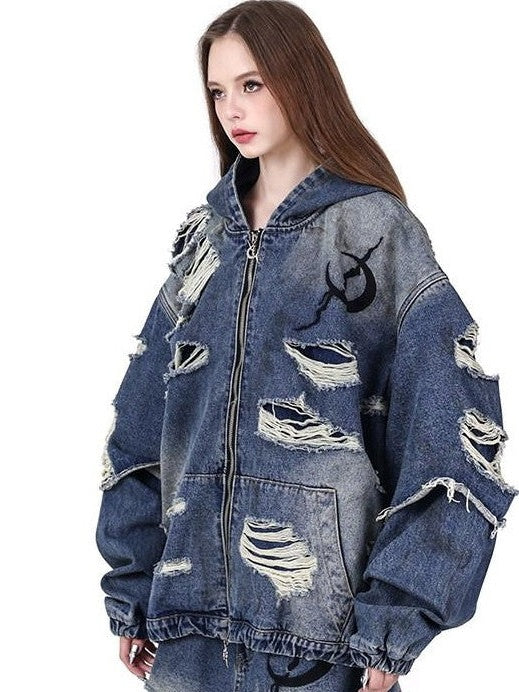PINKSPINK Blue Double Layer Distressed Ripped Oversized Women's Cotton Denim Jackets