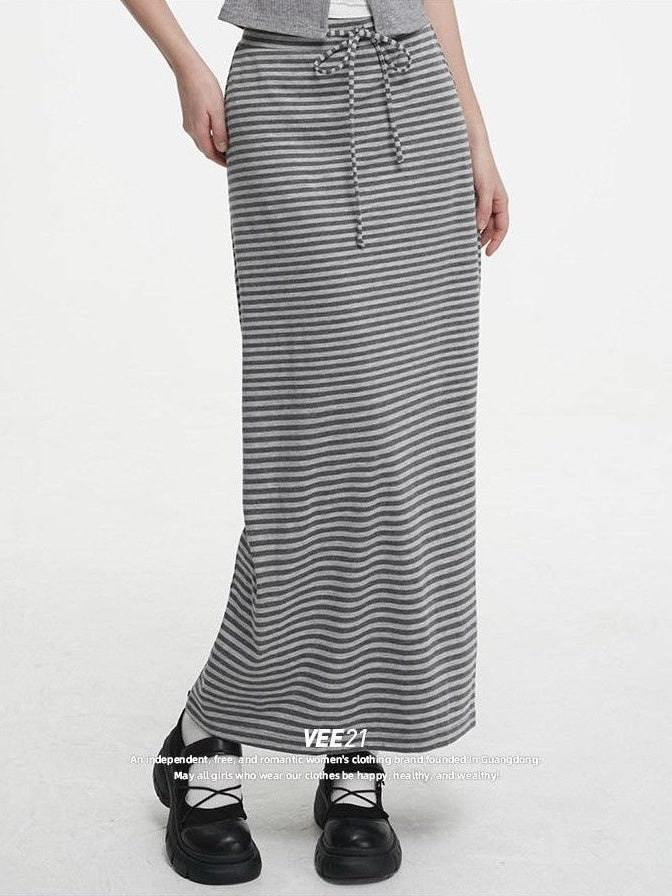 VEEMIX Striped Tie Waist Slim H Women's Polyester Rayon Blend Bodycon Maxi Dresses