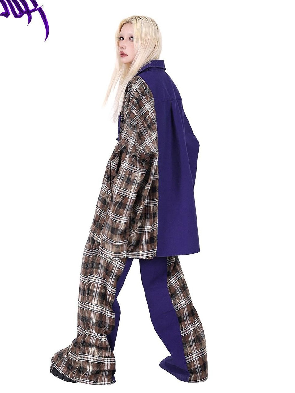 PINKSPINK Dream Purple Patchwork Zipper Plaid Asymmetric Pocket Women's Wide-leg Pants