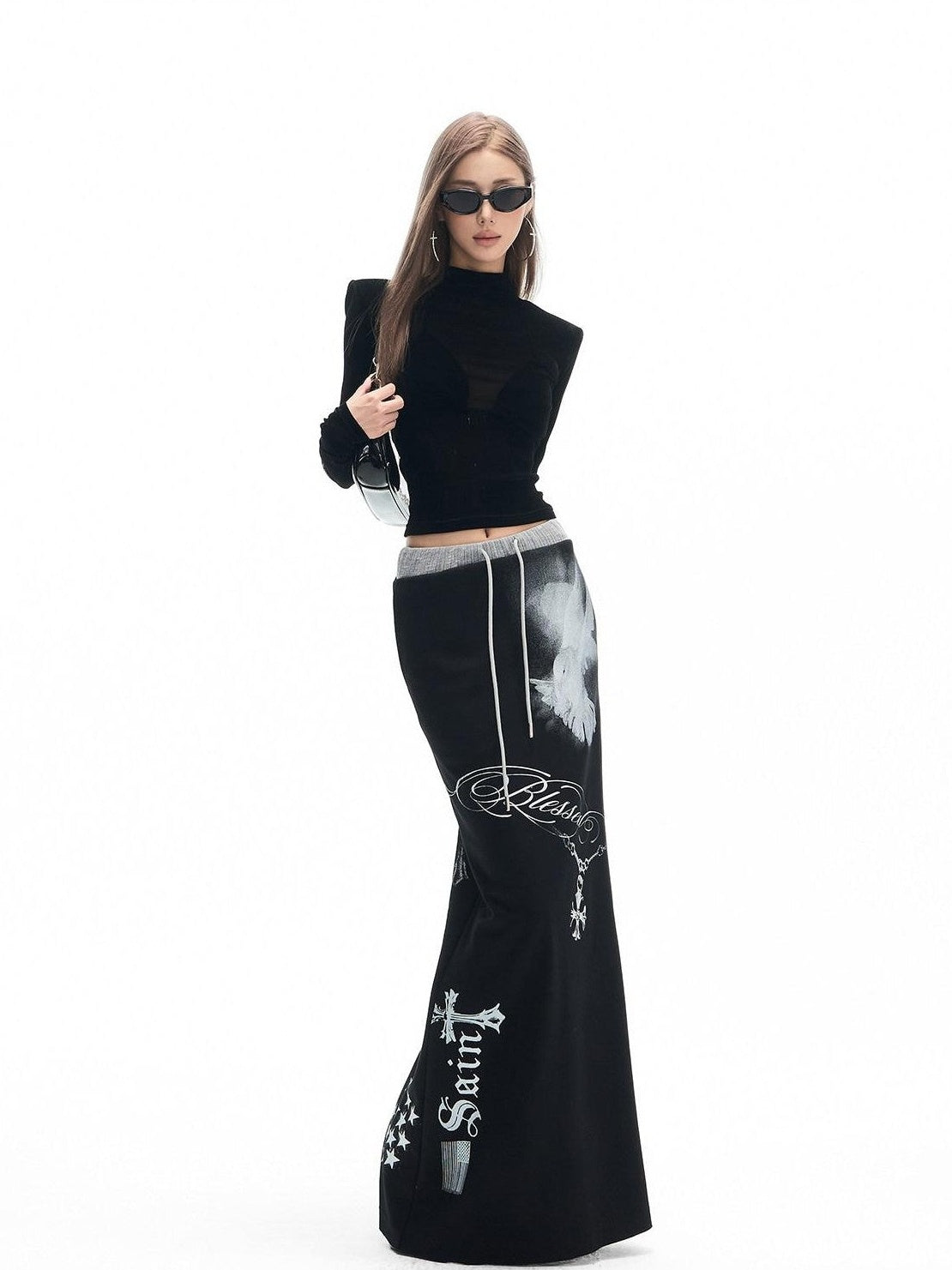 Fanptntox Black Printed Stretch Tie Waist Back Slit Low Waist Women's Cotton Maxi Skirts