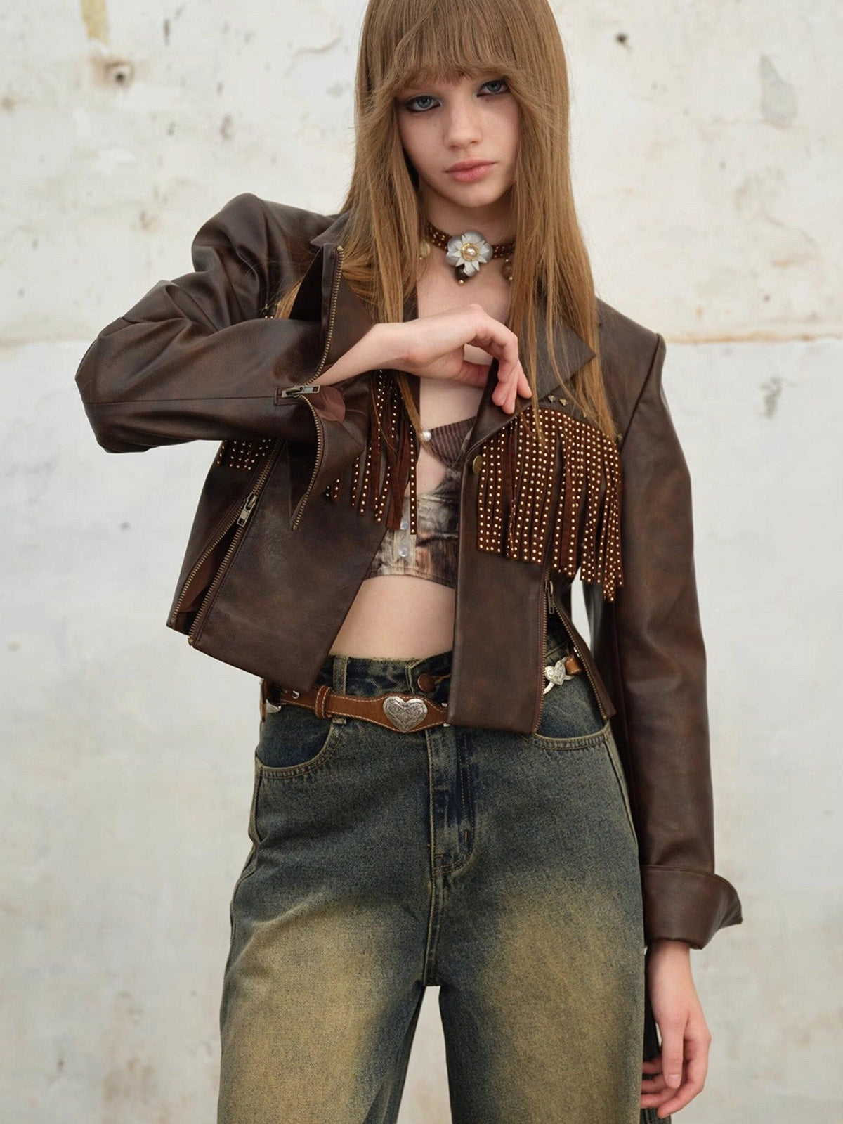 NextPassport MOF Vintage Brown Fringe Notched Lapel Women's Cropped Straight Button Blazers