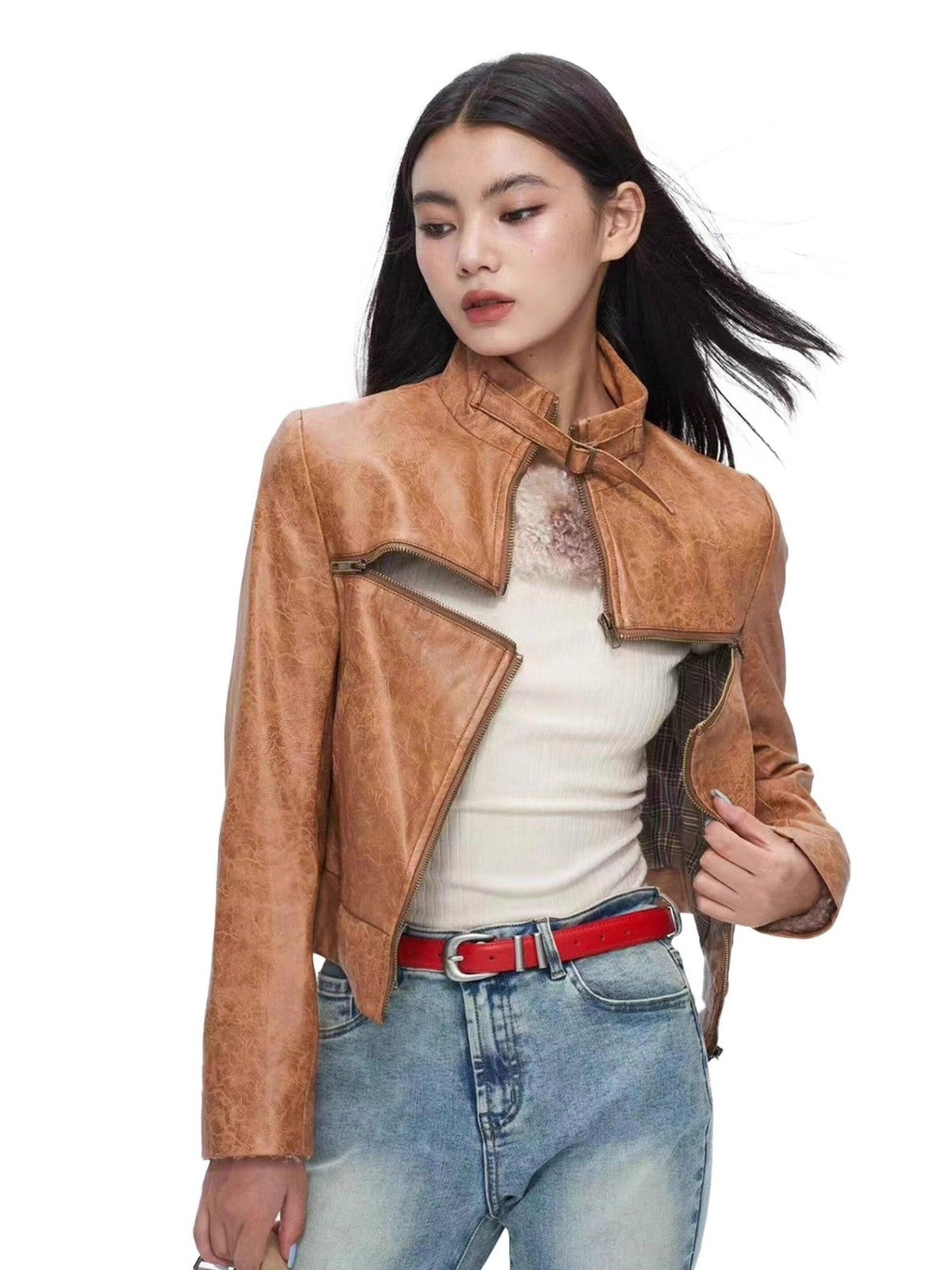 NextPassport MOF Brown Cross Zipper Cropped Slim Fit Women's Pu Leather Jackets