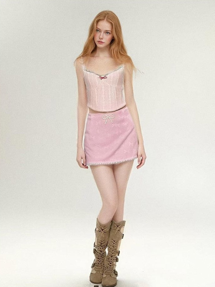 GGLOYDIUS Pink Bow Lace Cami Slim Padded Cotton Blend Women's Matching Skirt Sets
