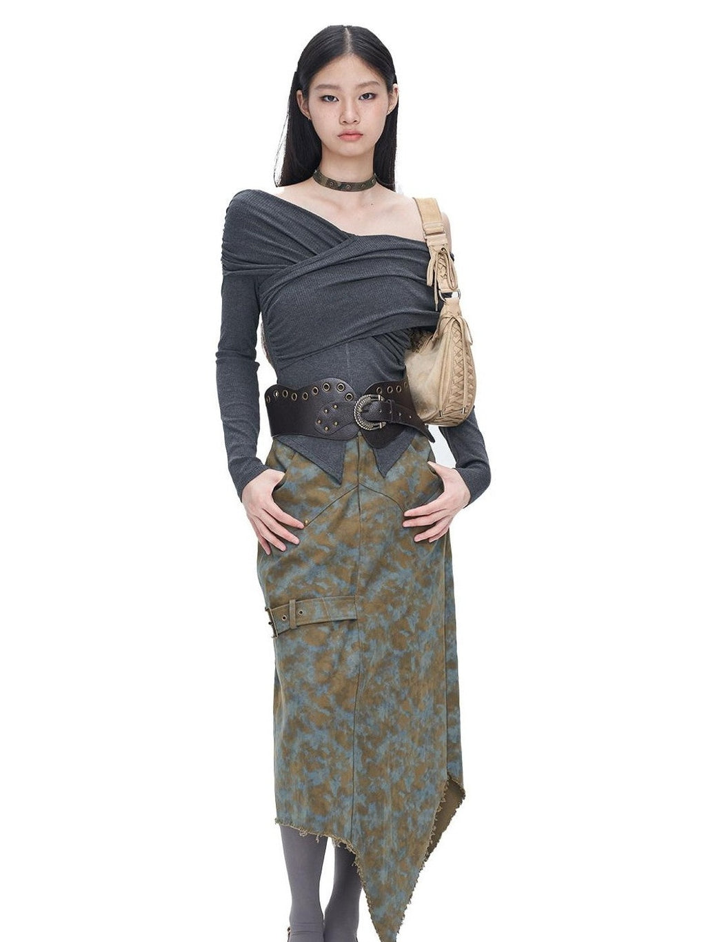 NextPassport MOF Blue Brown Tie Dye Asymmetrical Denim Women's 100 Percent Cotton Maxi Skirts