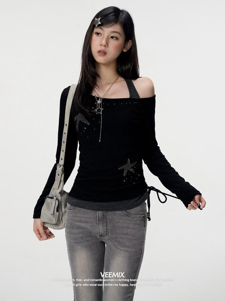 VEEMIX Rhinestone Star Faux Two Piece Halter Women's Cotton Long Sleeve T-shirts