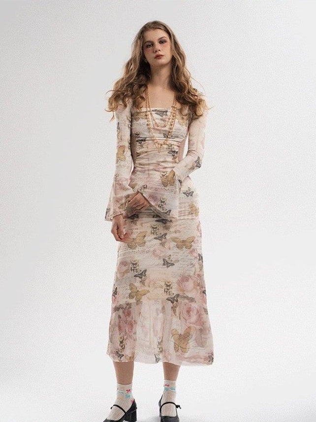GGLOYDIUS Butterfly Print Bell Sleeve Ruched Waist Women's Triacetate Bodycon Maxi Dresses
