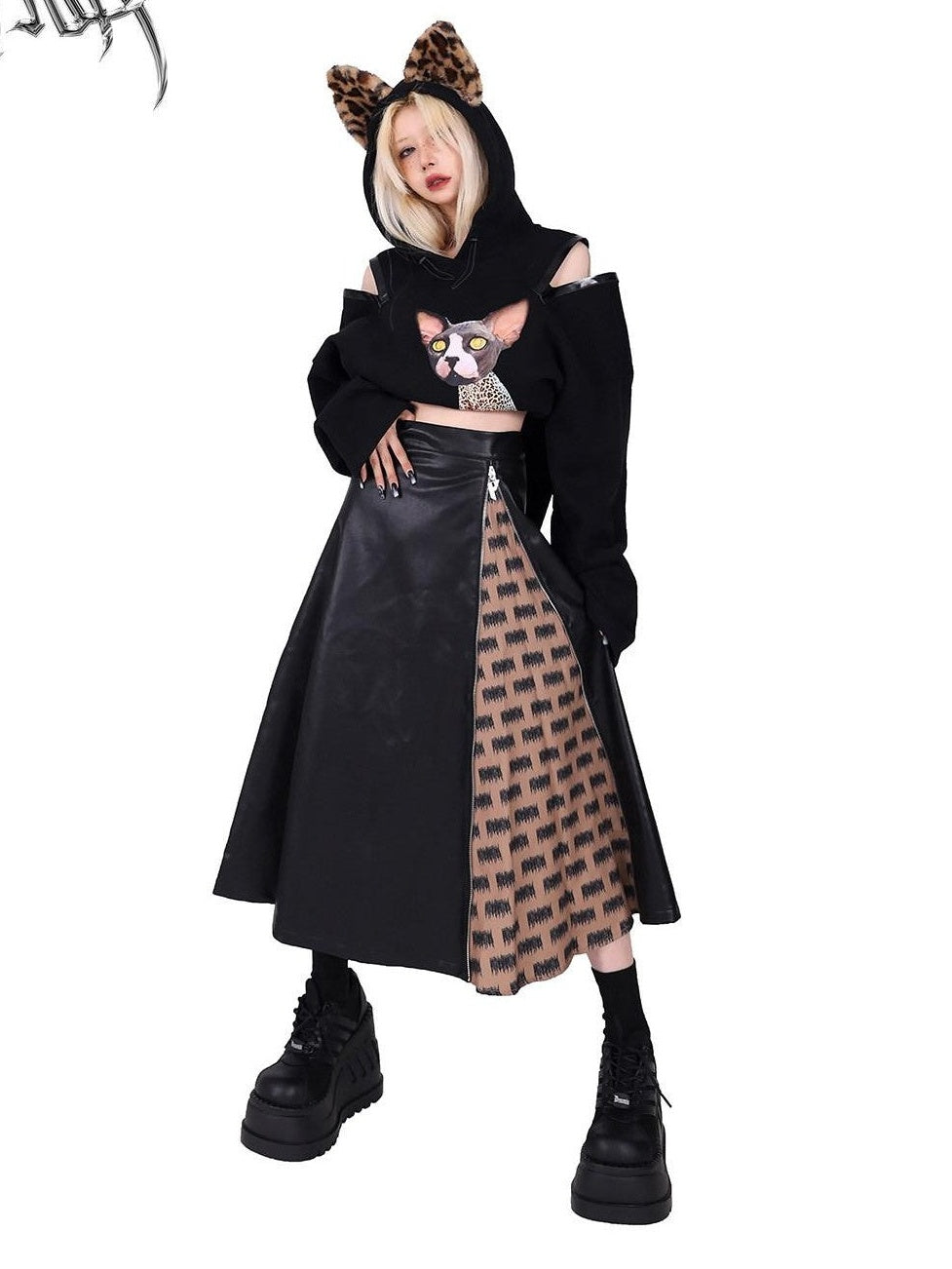 PINKSPINK Rock Colorblock Zipper Lettering Aline Women's Faux Leather Skirts