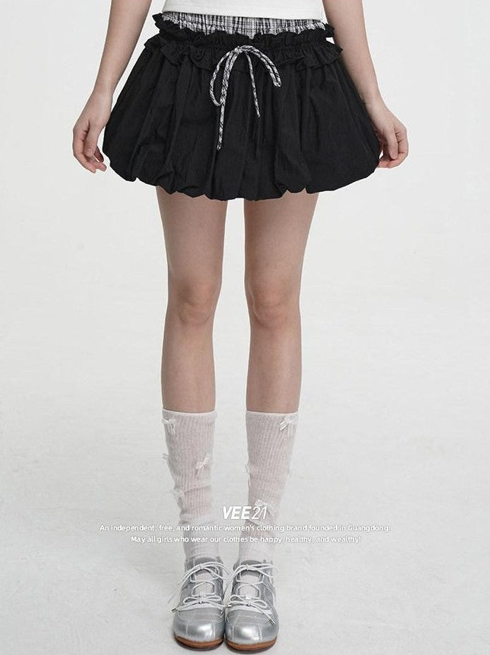VEEMIX Black Spliced Plaid Pleated Puff High Waist Tie Women's Mini Skirts