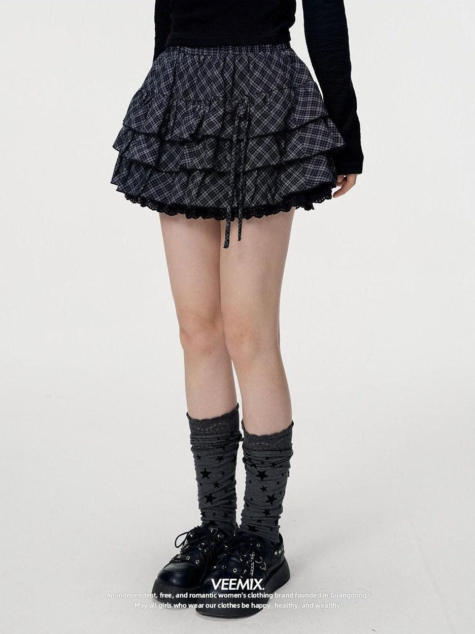 VEEMIX Black Plaid Lace Trim Tie Waist Pleated Women's Cotton Aline Tiered Skirts