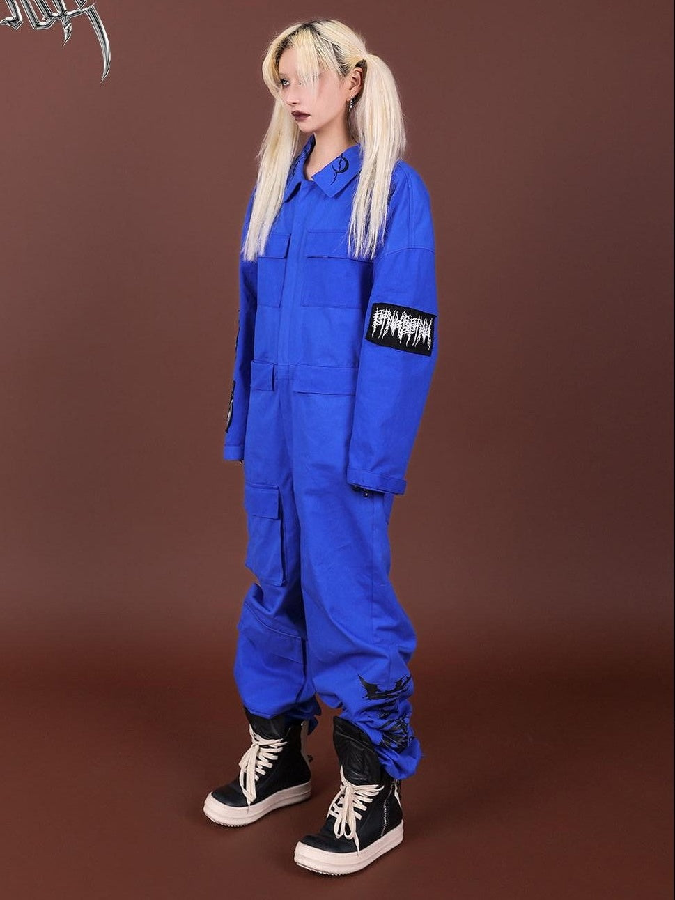 PINKSPINK Blue Patchwork Applique Embroidered Multi Pocket Women's Cotton Cargo Pants