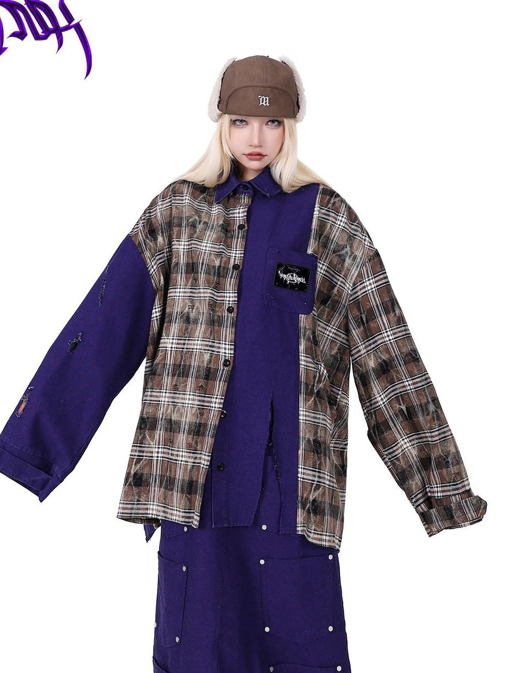PINKSPINK Lilac Patchwork Tie Dye Plaid Distressed Polo Women's Oversized Shirts