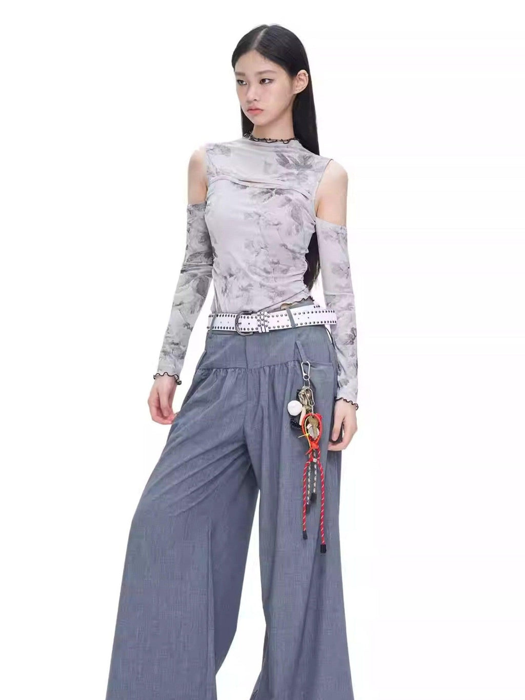 NextPassport MOF Gray Ink Wash Off Shoulder Cutout Waist Asymmetric Women's Long Sleeve T-shirts
