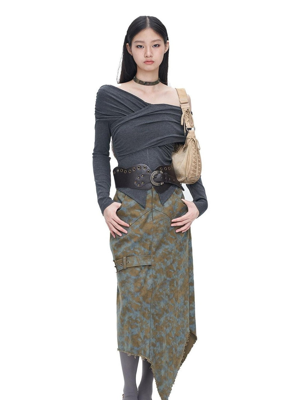 NextPassport MOF Gray Cross Pleated Bardot Women's Viscose Blend Long Sleeve T-shirts