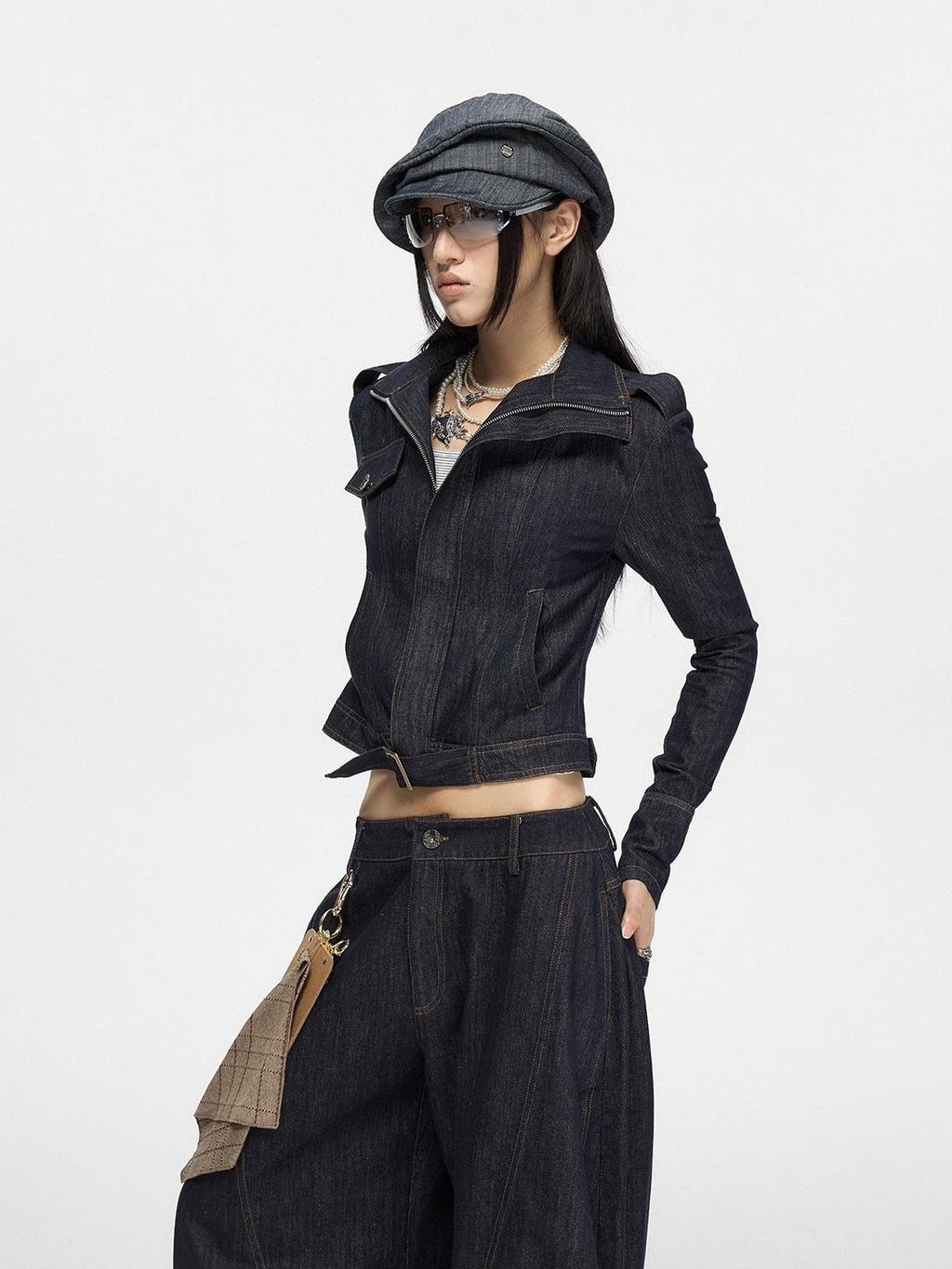 Fanptntox Vintage Textured Stand Collar Zip Cropped Slim Women's Cotton Denim Jackets