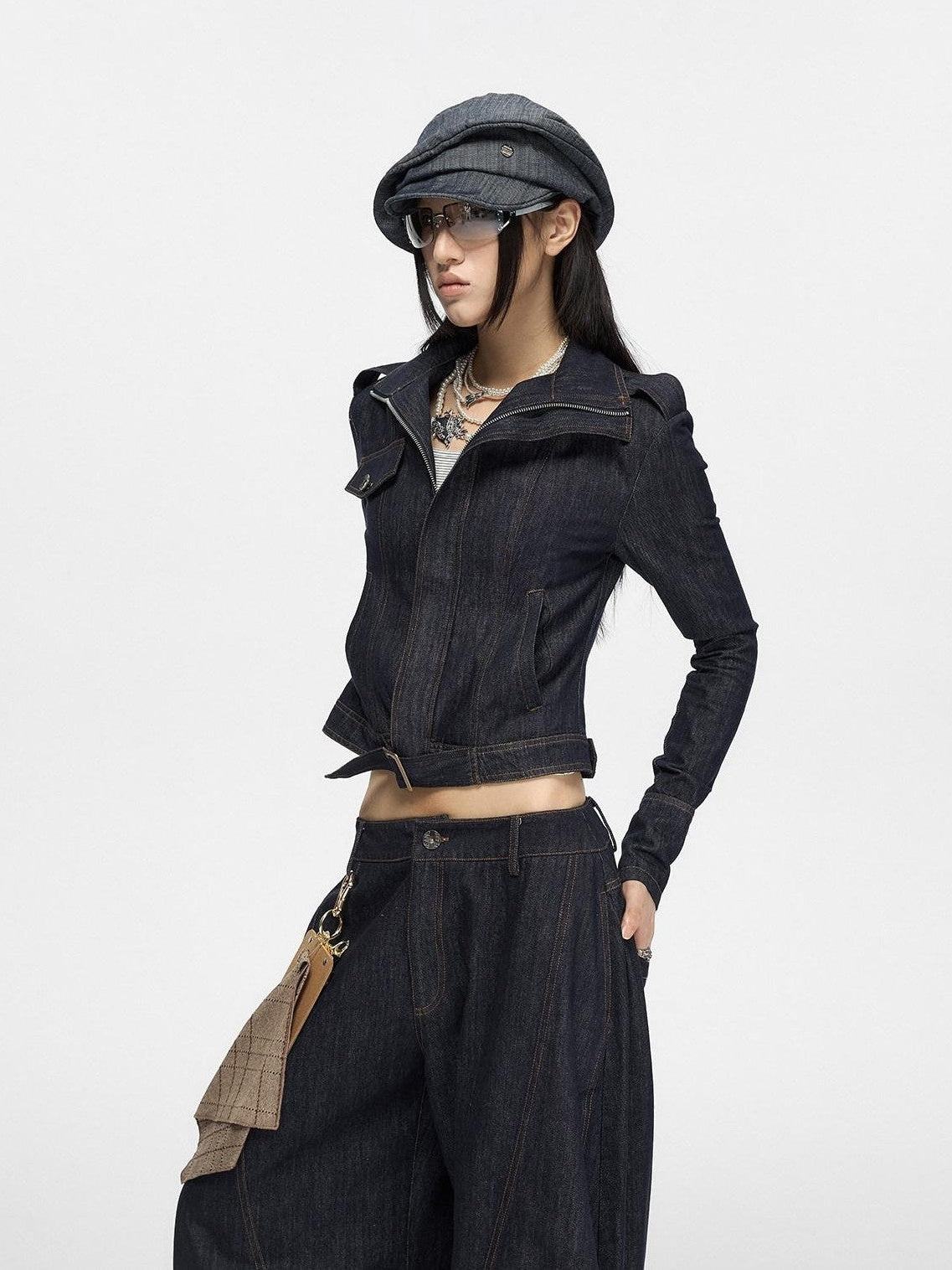 Fanptntox Vintage Textured Stand Collar Zip Cropped Slim Women's Cotton Denim Jackets