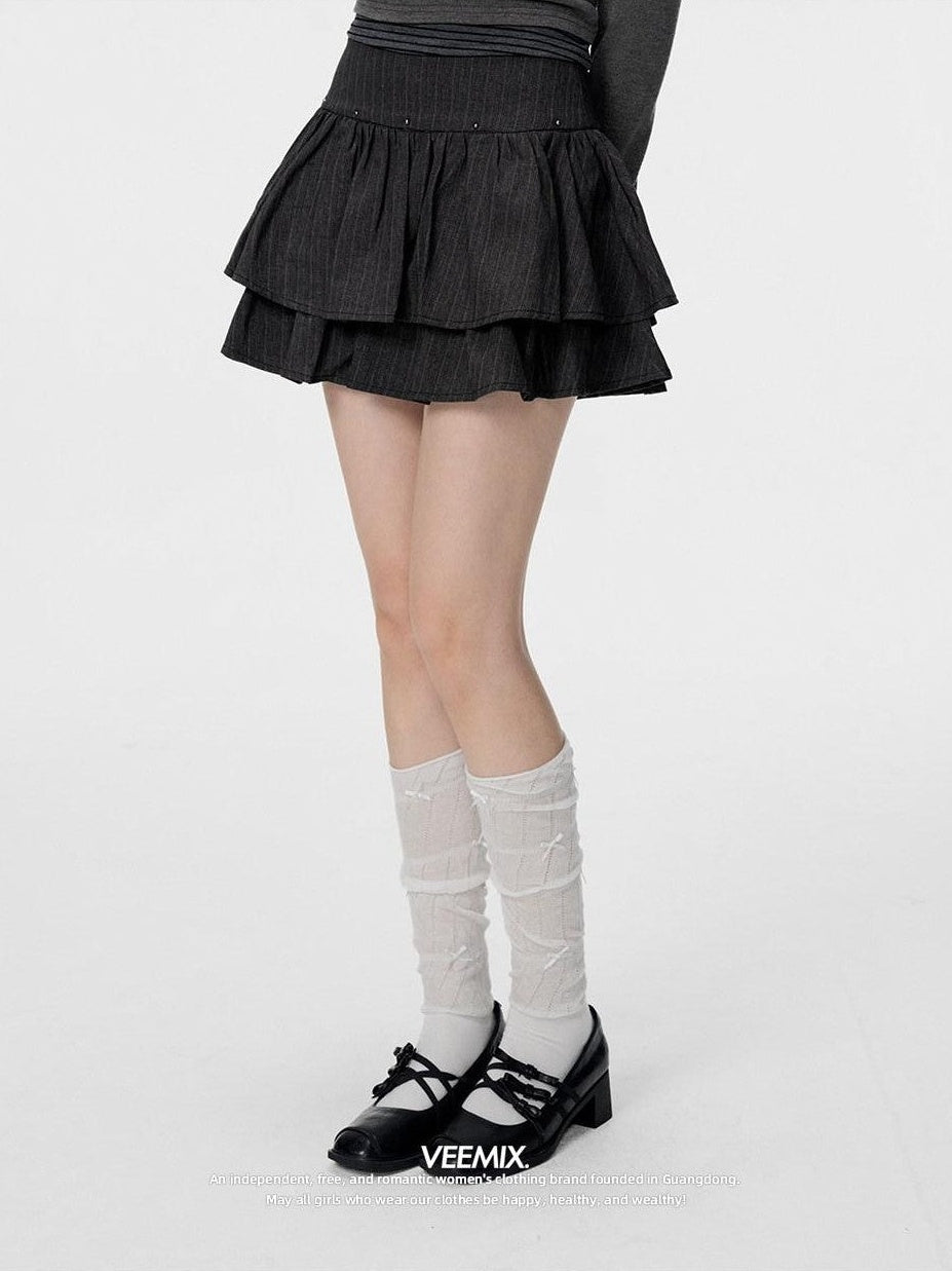 VEEMIX Gray Beaded Pleated A Line High Waist Women's Polyester Cotton Blend Mini Skirts