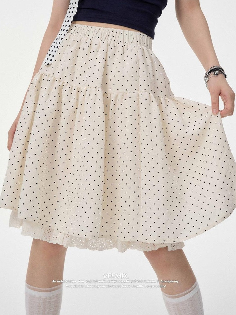 VEEMIX Polka Dot Lace Trim Pleated High Waist A Line Women's Linen Midi Skirts