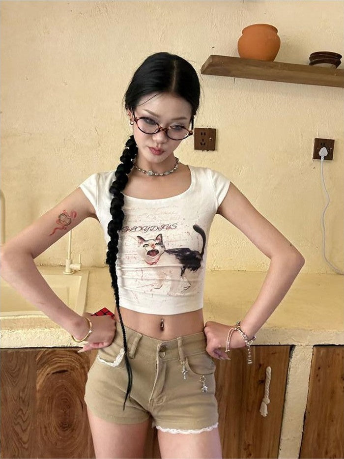 GGLOYDIUS Cute Cat Print Lace Trim Cropped U Neck Women's Cotton Casual Top & Shorts Sets