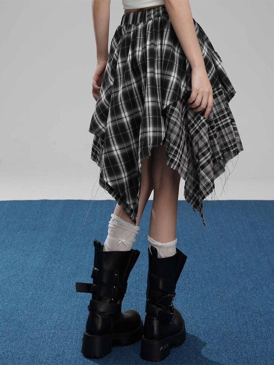 VEEMIX Coffee Plaid Asymmetrical High Waist A Line Women's Cotton Blend Midi Skirts