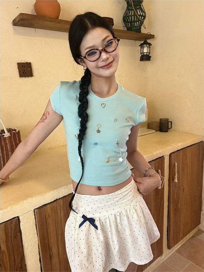 GGLOYDIUS Blue Cross Print Polka Dot Two Piece Women's Cotton Blend Matching Skirt Sets