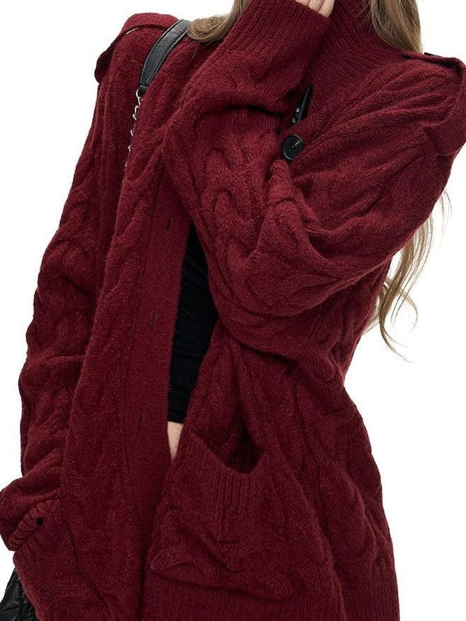 Fanptntox Black Red Cable Knit Chunky Women's Acrylic Wool Blend Button-up Cardigans