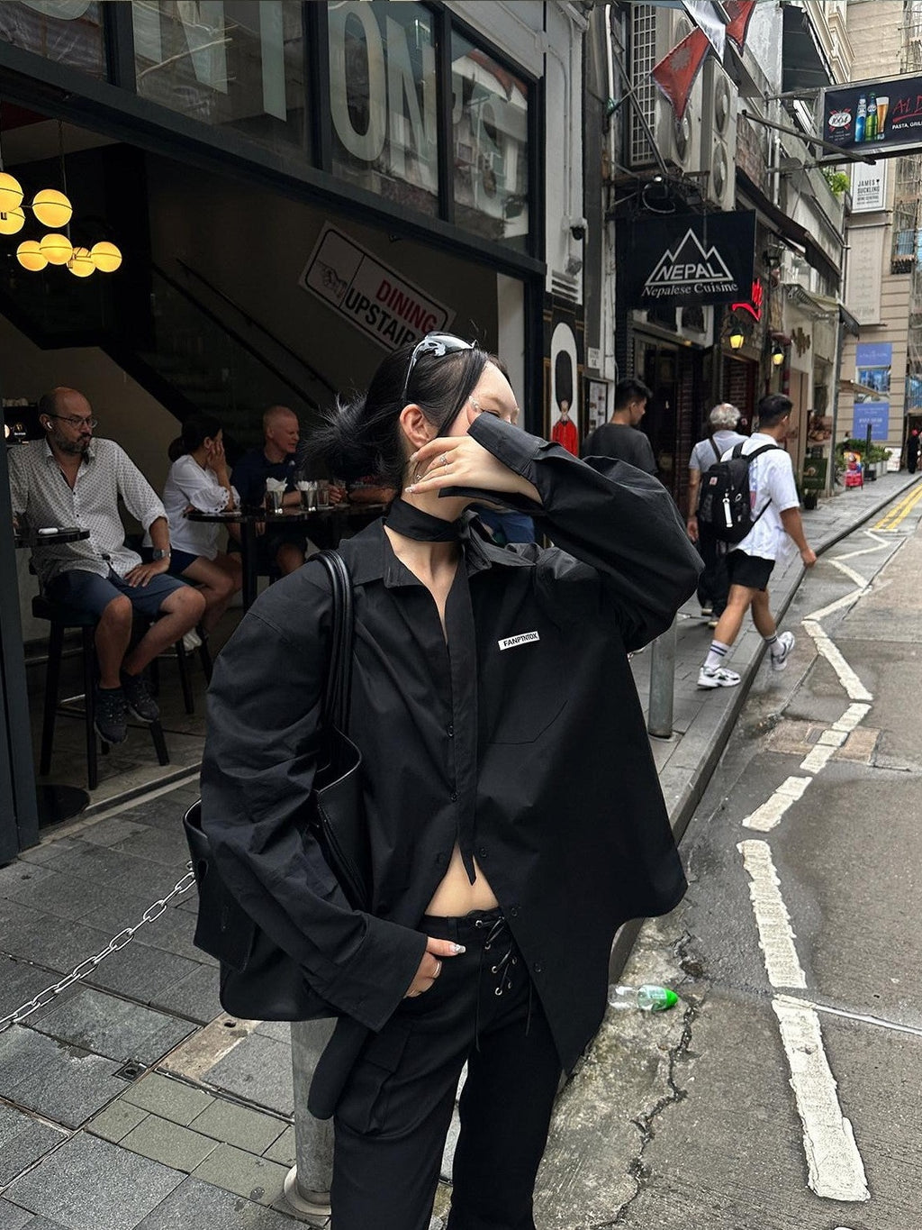 Fanptntox Ribbon Tie Boyfriend Polo Collar Women's Other Fabric Oversized Shirts