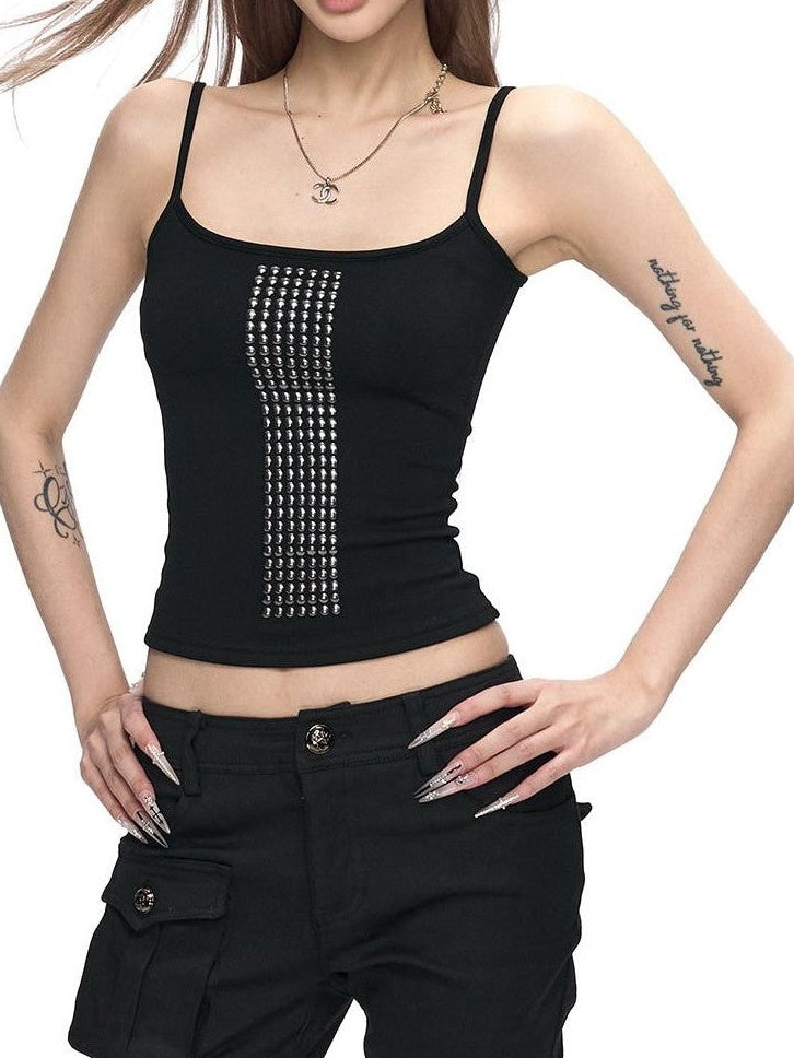 Fanptntox Vintage Rhinestone Slim Fit Brushed U Neck Women's Viscose Blend Camisoles