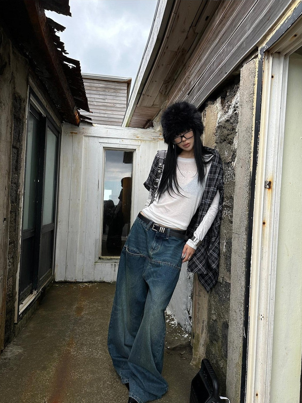 Fanptntox Blue Low Waist Loose Slimming Versatile Women's Denim Wide-leg Jeans