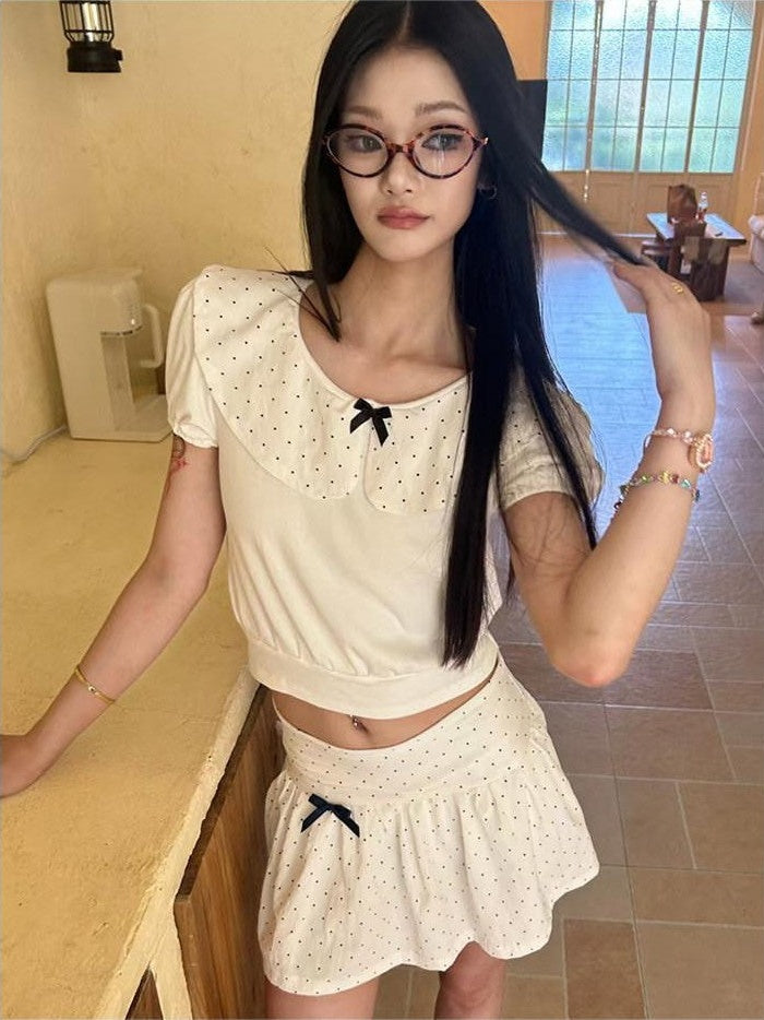 GGLOYDIUS White Doll Collar Bow Polka Dot Women's Cotton Matching Skirt Sets