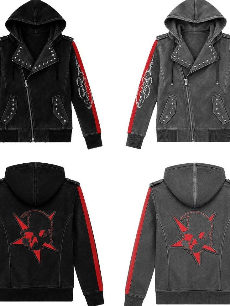 PAIKI Riveted Embroidered Studded Punk Slim Fit Women's Zip-up Hoodies
