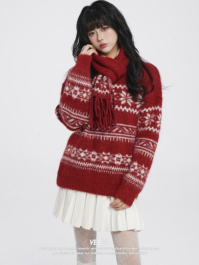 VEEMIX_Maroon_Embroidered_Vintage_Pattern_Knitted_Scarf_Women's_Acrylic_Blend_Sweaters_999335153164_MISSTT