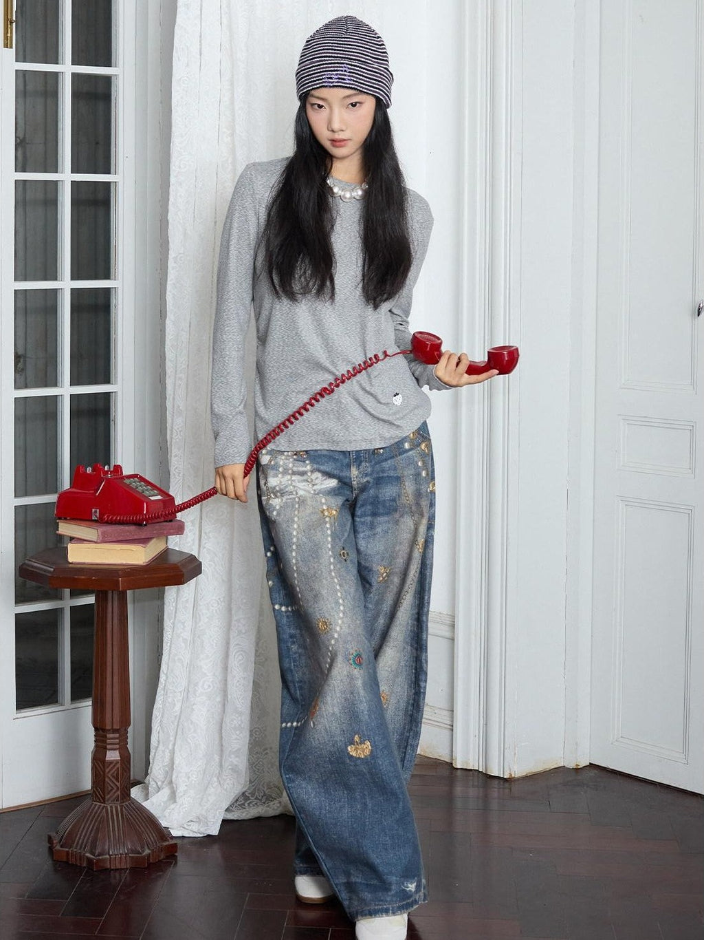 MOF Blue Loose 3d Gem Brooch Curved Blade Print Women's Denim Barrel-leg Jeans