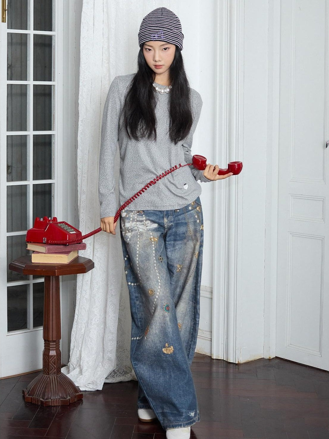 MOF Blue Loose 3d Gem Brooch Curved Blade Print Women's Denim Barrel-leg Jeans