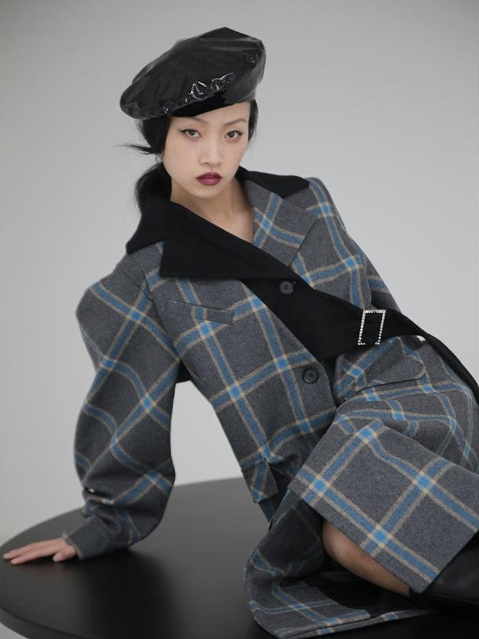 Jnylon studios Deconstructed Plaid Asymmetric Color Block Women's Wool Long Straight Coat With Pockets Buttons Wool Coats