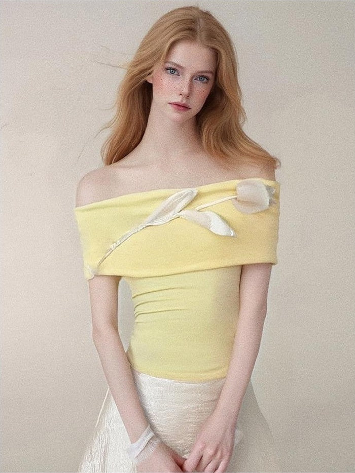 GGLOYDIUS 3d Floral Off Shoulder Yellow Women's Silk Casual Top & Skirt Sets