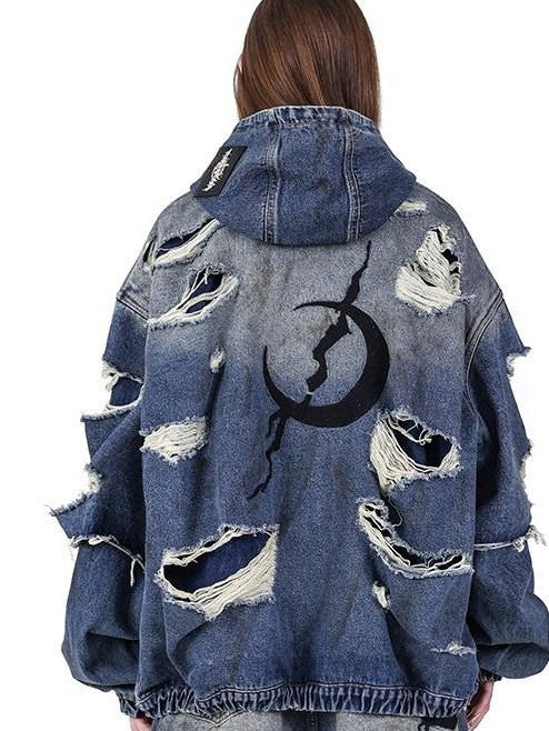 PINKSPINK Blue Double Layer Distressed Ripped Oversized Women's Cotton Denim Jackets