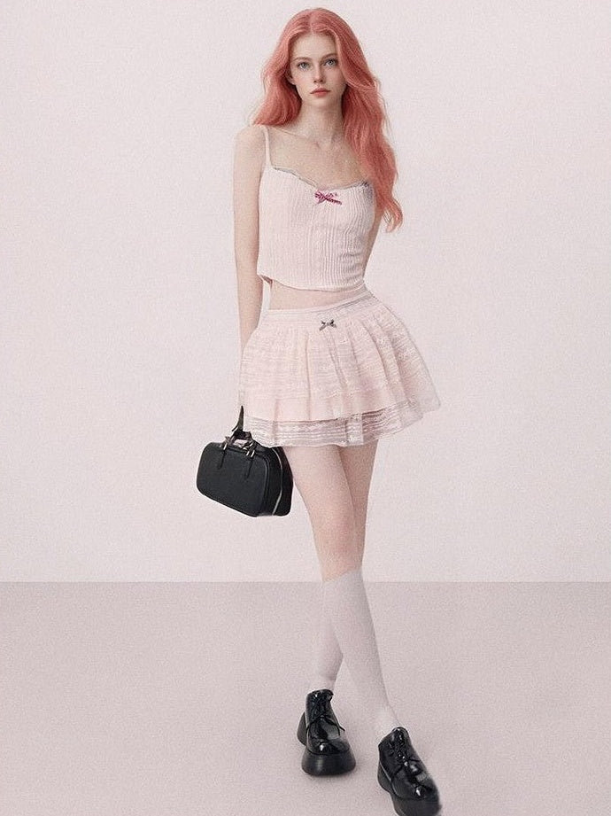 GGLOYDIUS Pink Bow Lace Cami Slim Padded Cotton Blend Women's Matching Skirt Sets