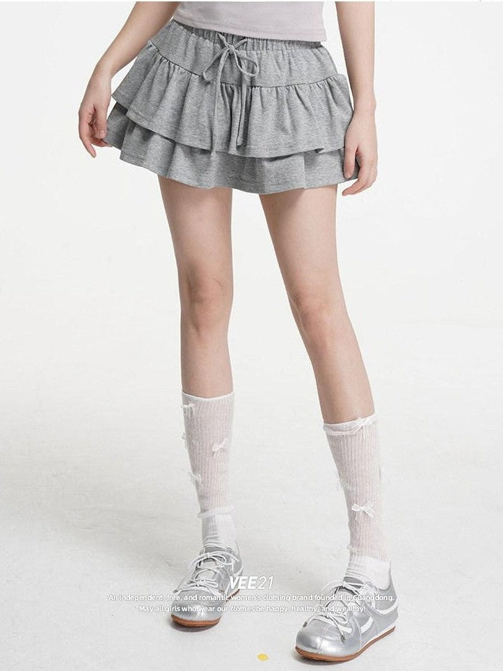 VEEMIX Double Layer Pleated Tiered A Line Low Waist Women's Cotton Mini Skirts