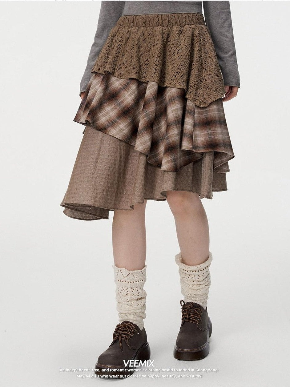 VEEMIX Gray Plaid Asymmetric High Waist Patchwork Women's Cotton Blend Midi Skirts