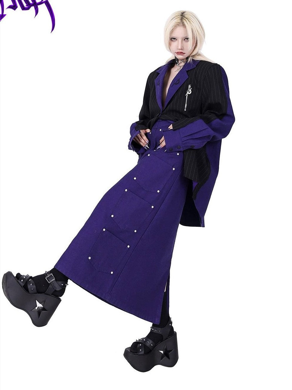 PINKSPINK Dark Purple Embroidered Multi Pocket Patchwork Women's Denim Maxi Skirts