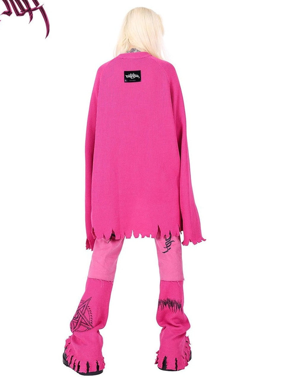 PINKSPINK Pink Embroidered Asymmetrical Distressed Pentagram Women's Cotton Flare Jeans