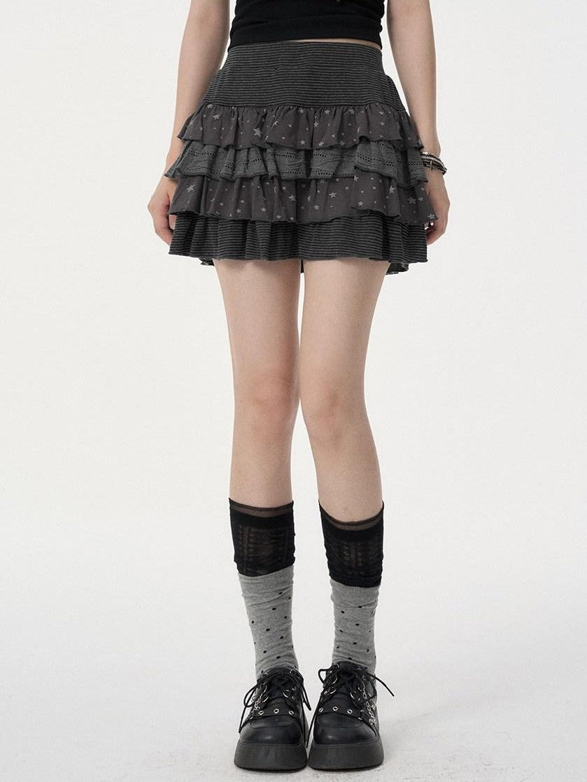 VEEMIX Black Star Print Layered Pleated Cake Women's Cotton Stretch Mini Skirts